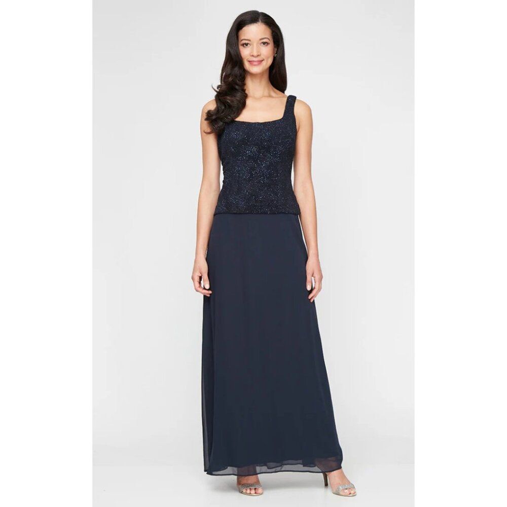 Alex Evenings Glitter Jacquard Knit Dress Maxi Navy Blue NWT Size 20W Formal